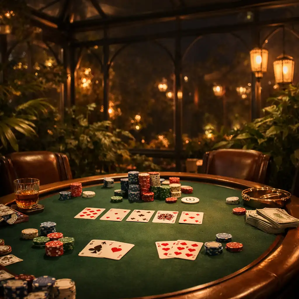 Pokerový stůl s kartami a žetony v teplém světle skleněné zimní zahrady