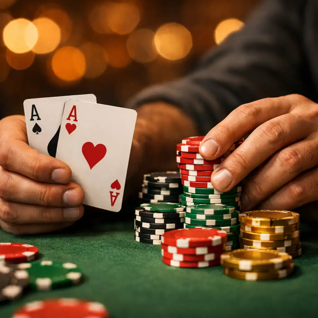 Hráč drží karty a žetony u pokerového stolu