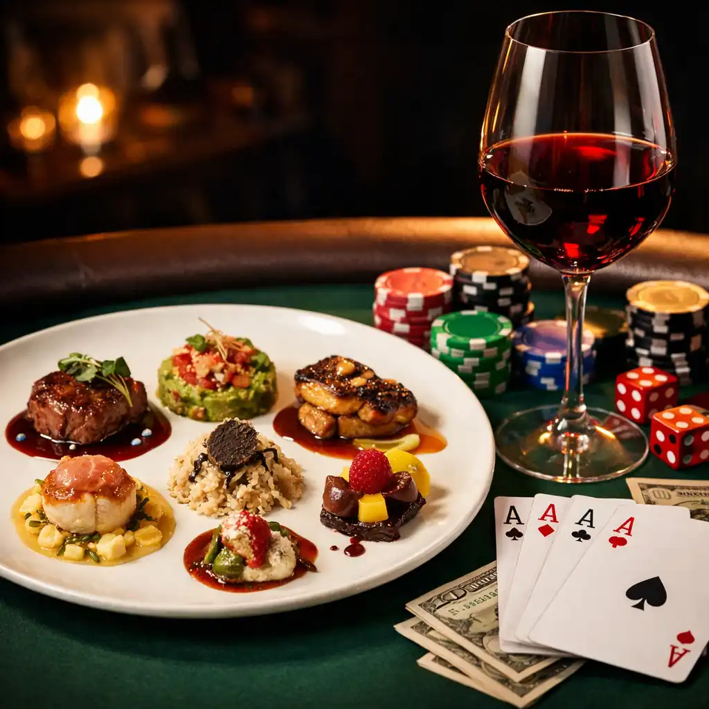 Pokerový stůl s degustačním menu, kartami a žetony