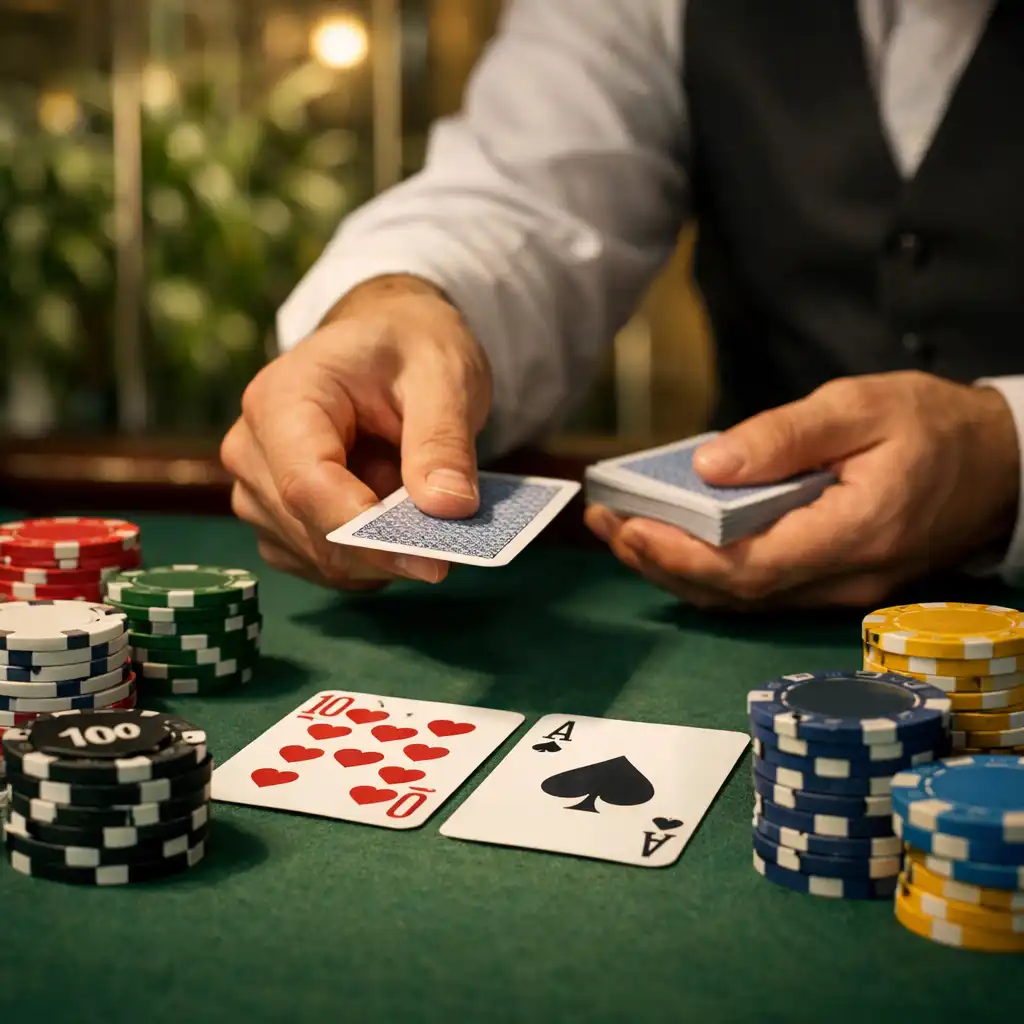 Detail pokerového stolu s kartami a žetony, ruce dealera rozdávajícího karty