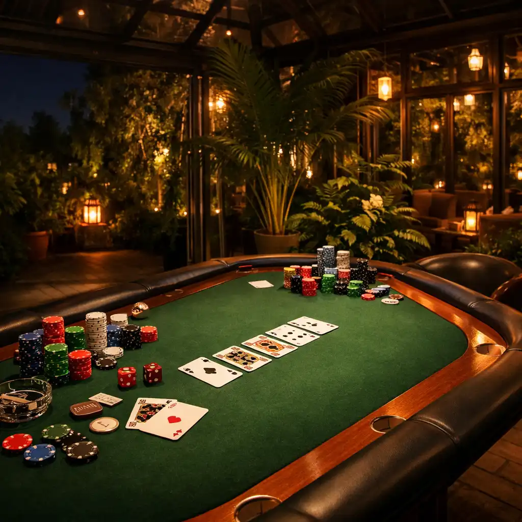 Pokerový stůl v prosklené zimní zahradě večer
