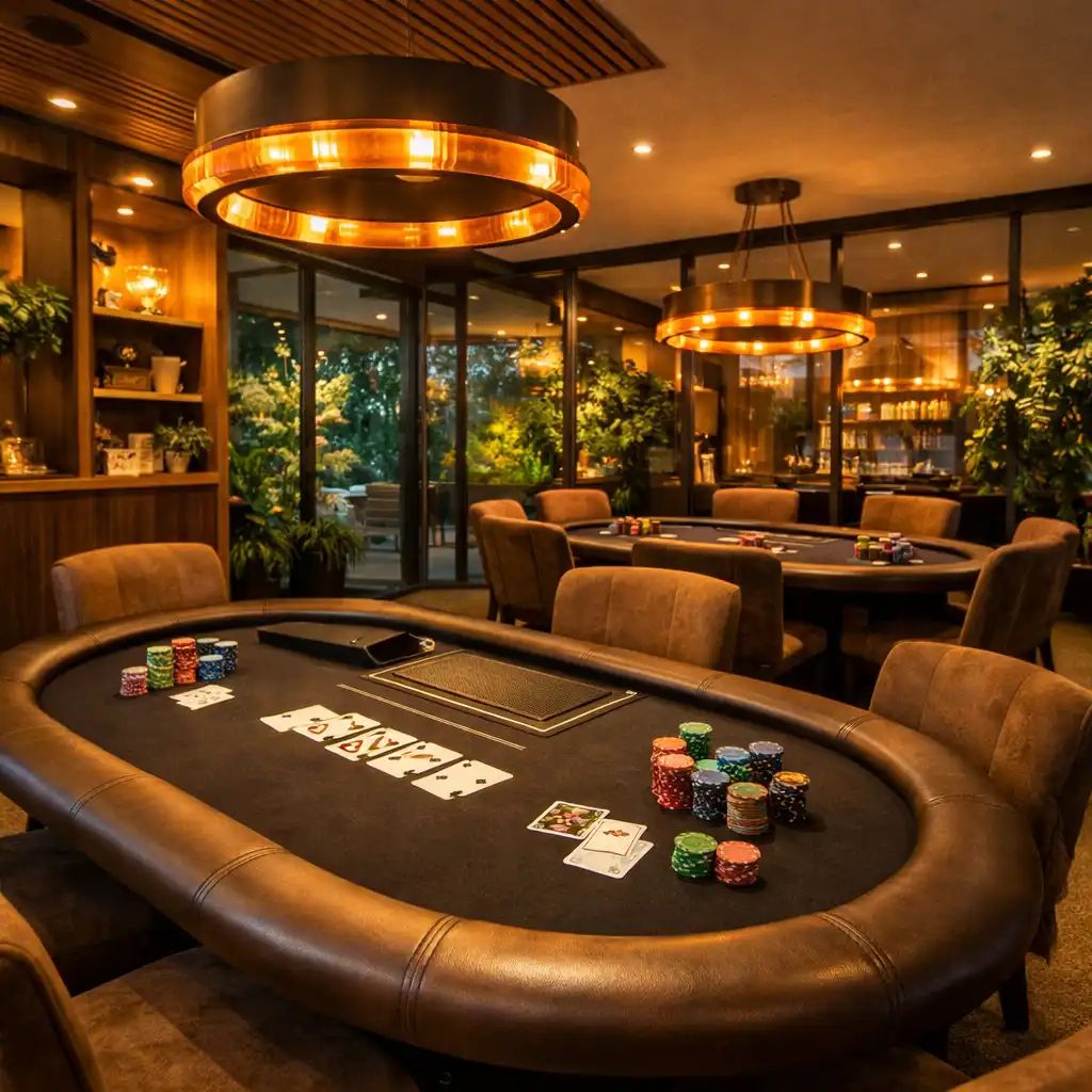 Interiér poker roomu se dvěma stoly, žetony a kartami v teplém osvětlení