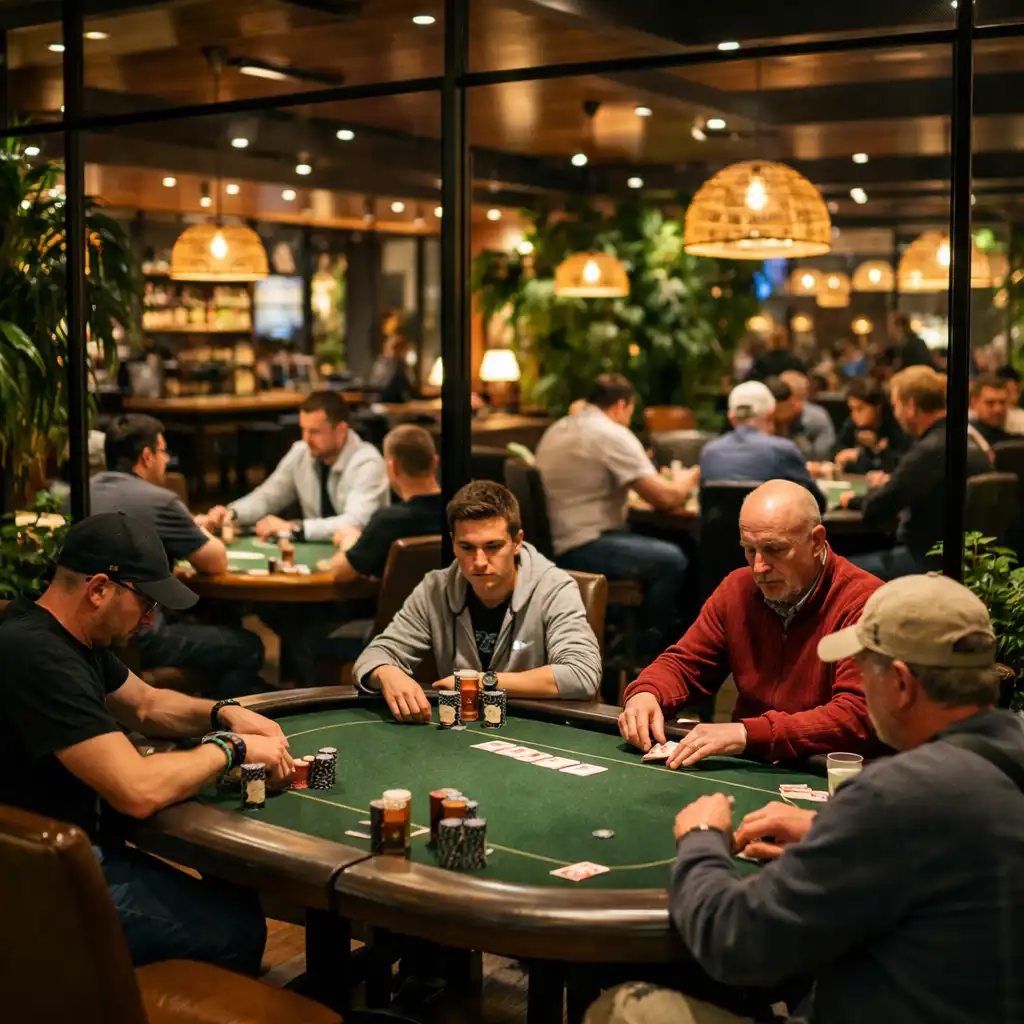 Interiér poker roomu se skleněnými stěnami a pokerovými stoly