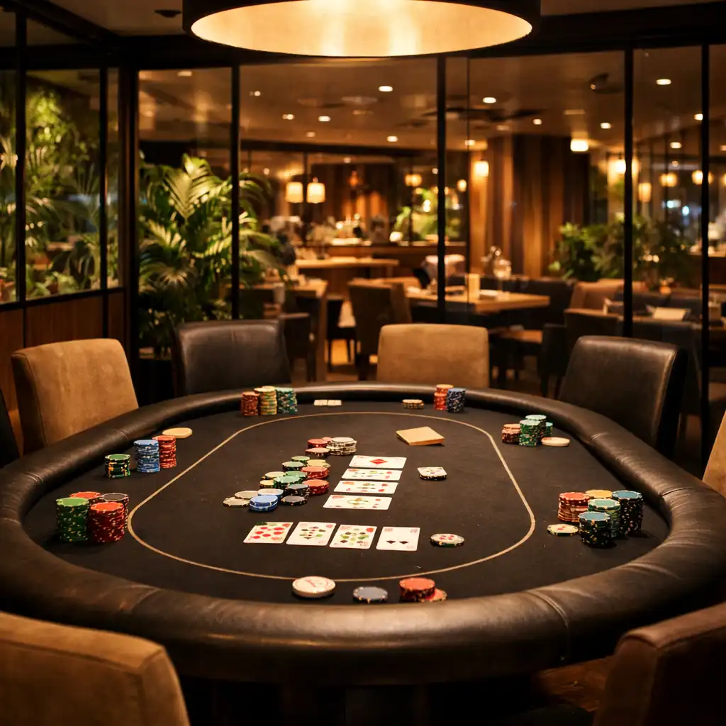 Poker room s profesionálním stolem, kartami a žetony