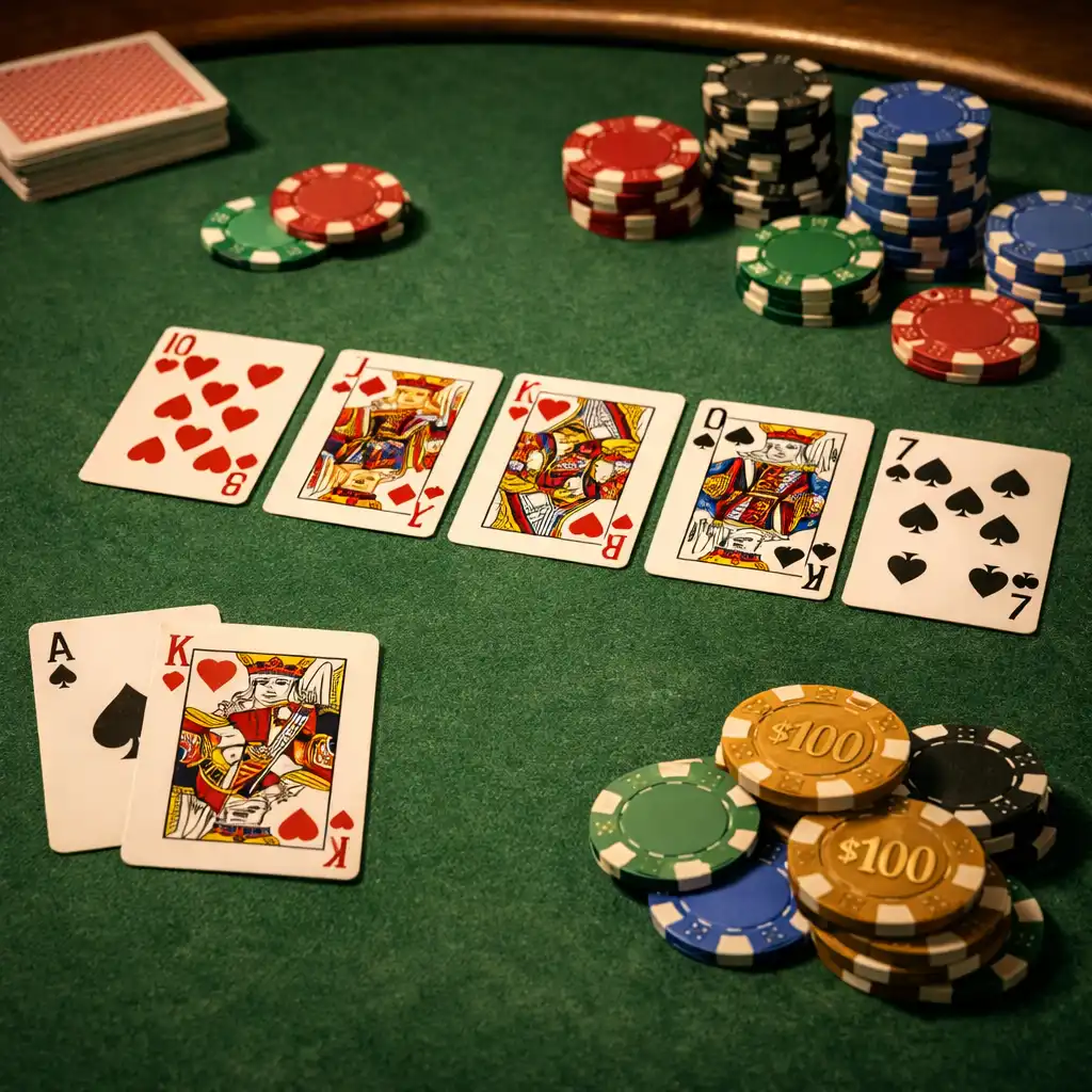 Pokerový stůl s kartami a žetony v teplém večerním osvětlení