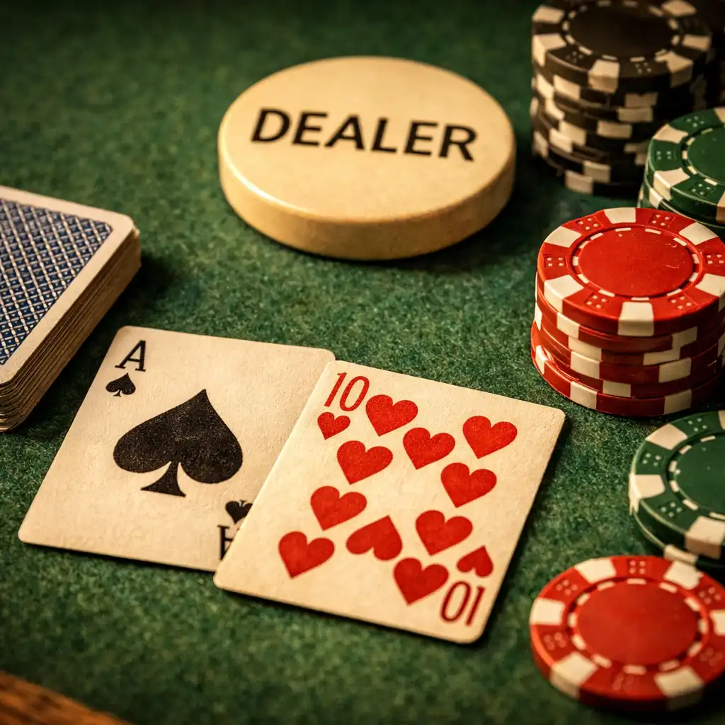 Detail pokerového stolu s kartami a žetony