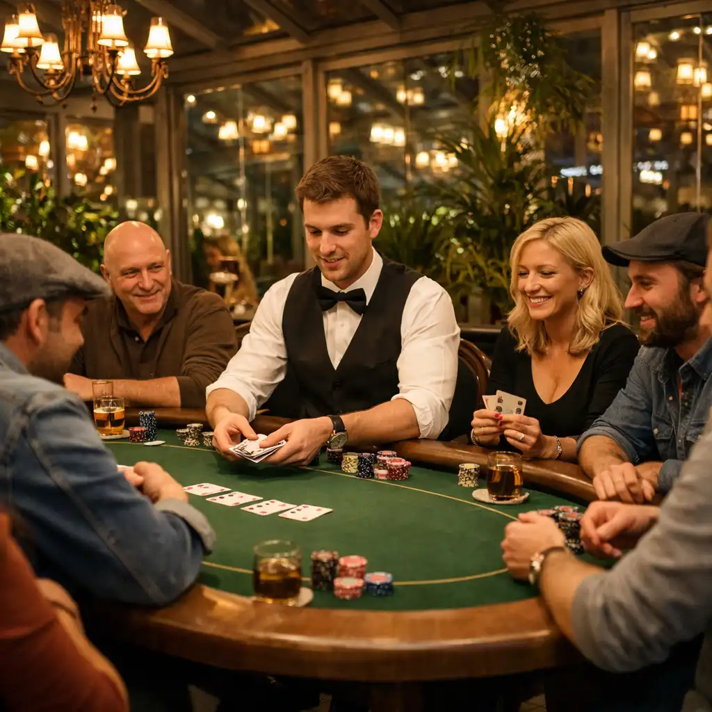 Živý pokerový večer v restauraci se skleněnou zimní zahradou, hráči u stolu a dealer rozdává karty