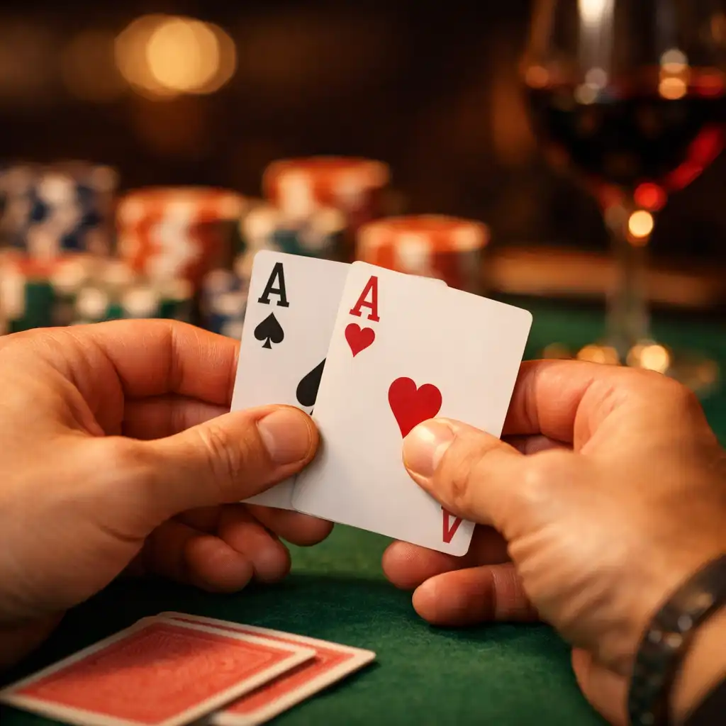 Detailní záběr na ruce hráče držící karty u pokerového stolu