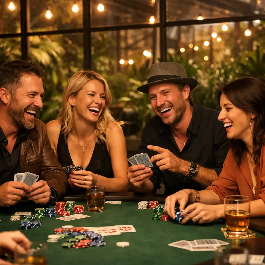 Skupina lidí sedících u pokerového stolu ve skleněné zahradě