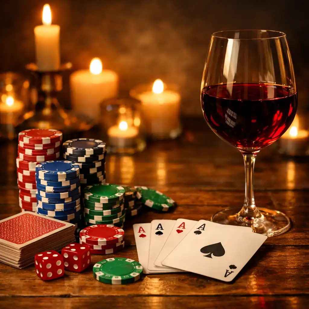 Zátiší s pokerovými žetony, kartami a sklenkou červeného vína