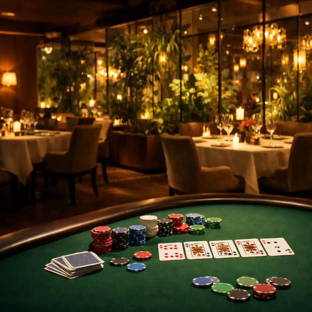 Pokerový stůl s kartami a žetony v elegantní skleněné zahradě s teplým večerním osvětlením