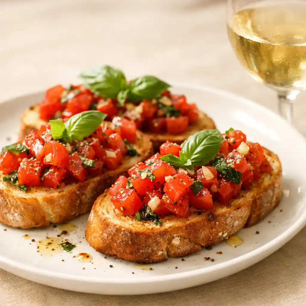 Bruschetta s rajčaty a bazalkou na bílém talíři