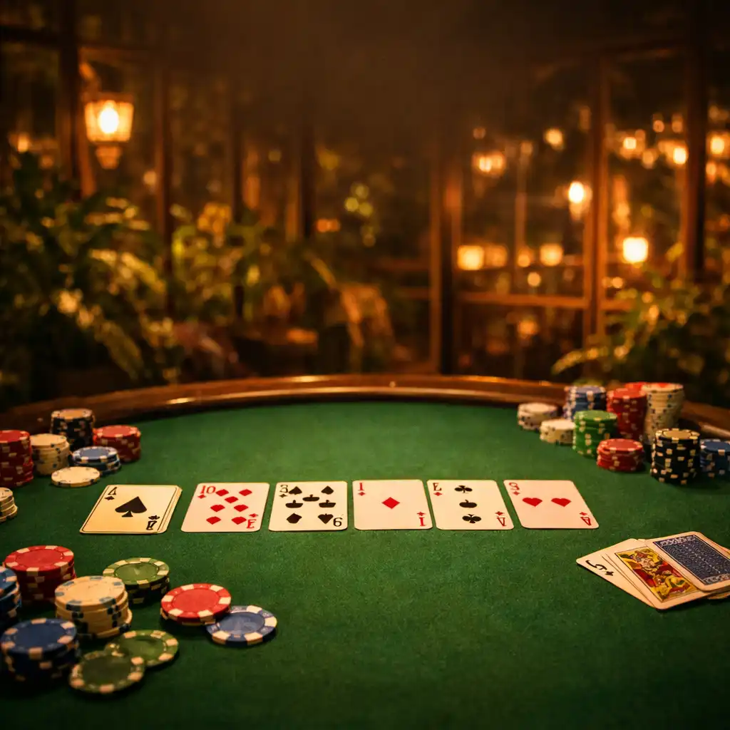 Pokerový stůl s kartami a žetony v teplém světle prosklené zimní zahrady