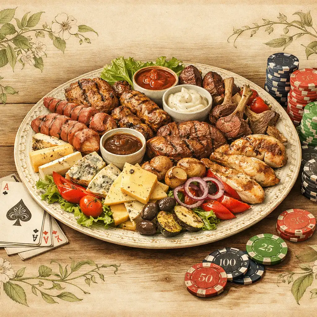 Pokerový talíř s mixem grilovaného masa, sýrů a zeleniny vedle pokerových karet